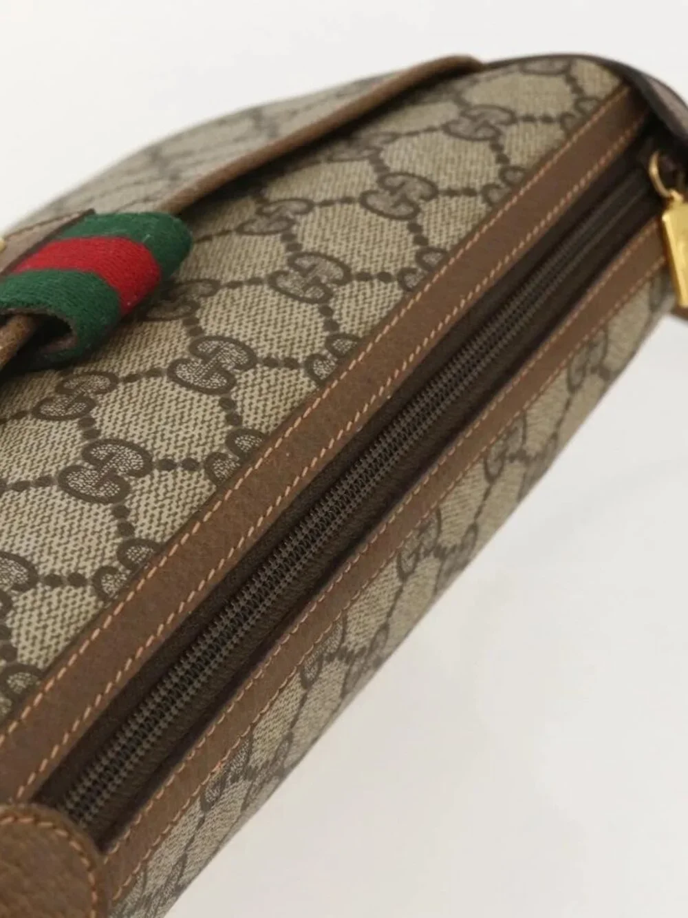 GUCCI GG Supreme Web Sherry Line Shoulder Bag PVC Beige Gold Auth 175956